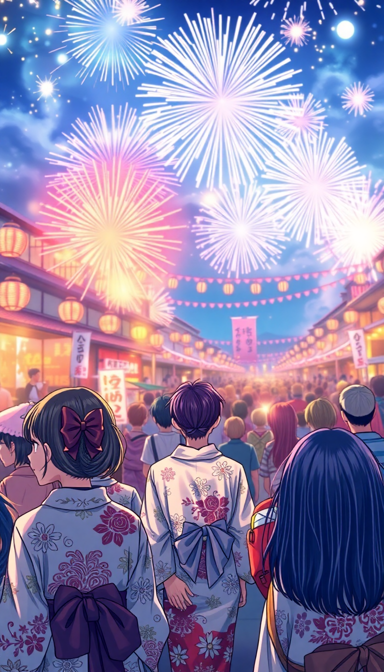 Summer Festival Fireworks Yukata Crowd Anime Wallpaper