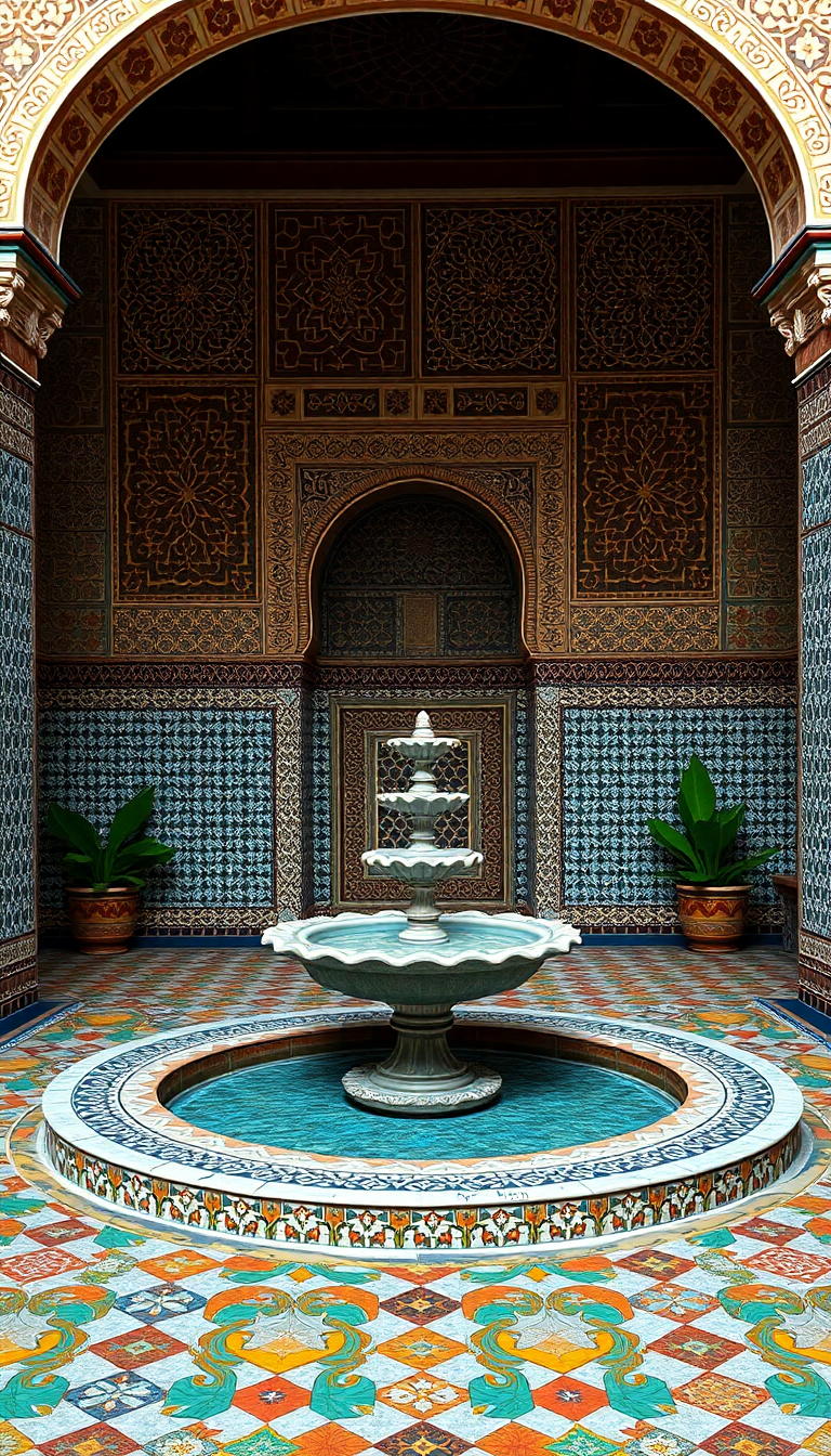 Moroccan Courtyard Tiles Fountain Mosaic Photorealistic Wallpaper