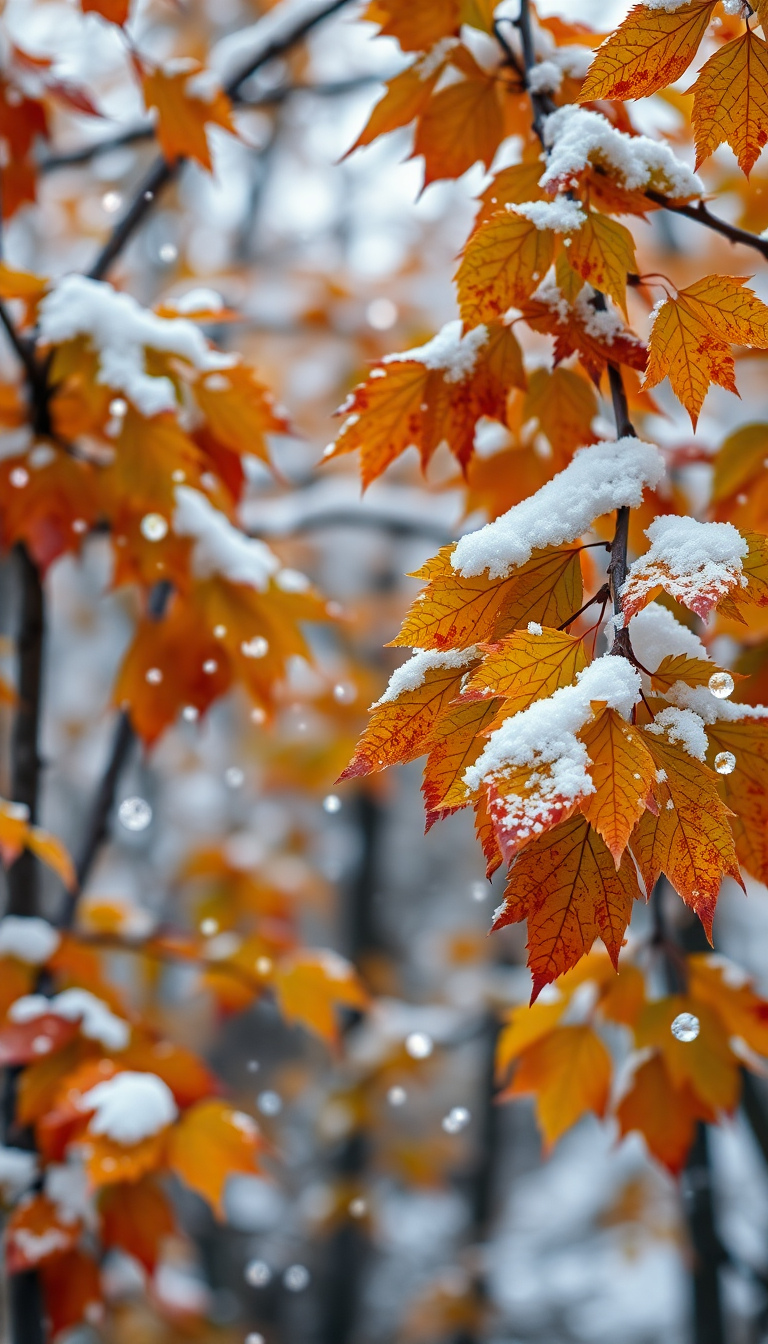 First Snow Falling On Autumn Photorealistic Wallpaper