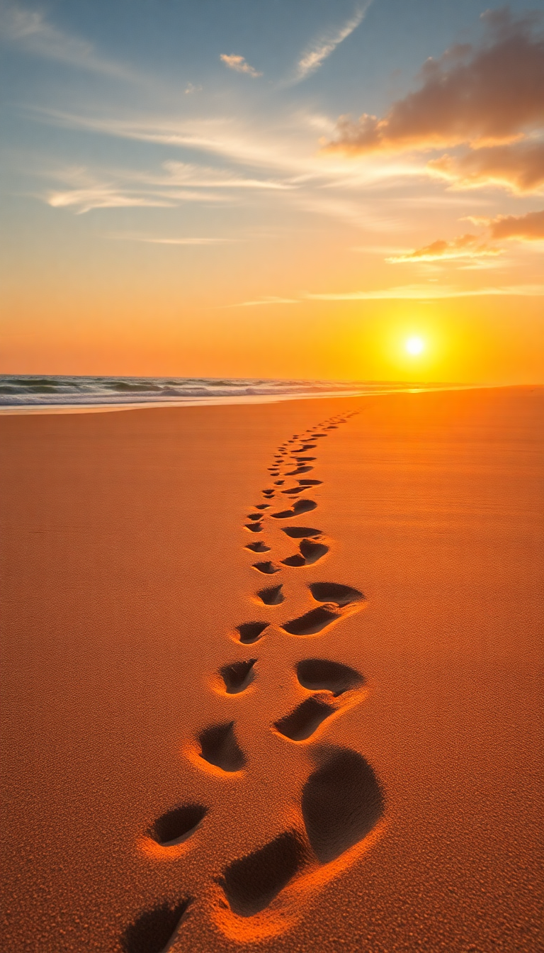 Summer Beach Golden Hour Footprints Photorealistic Wallpaper