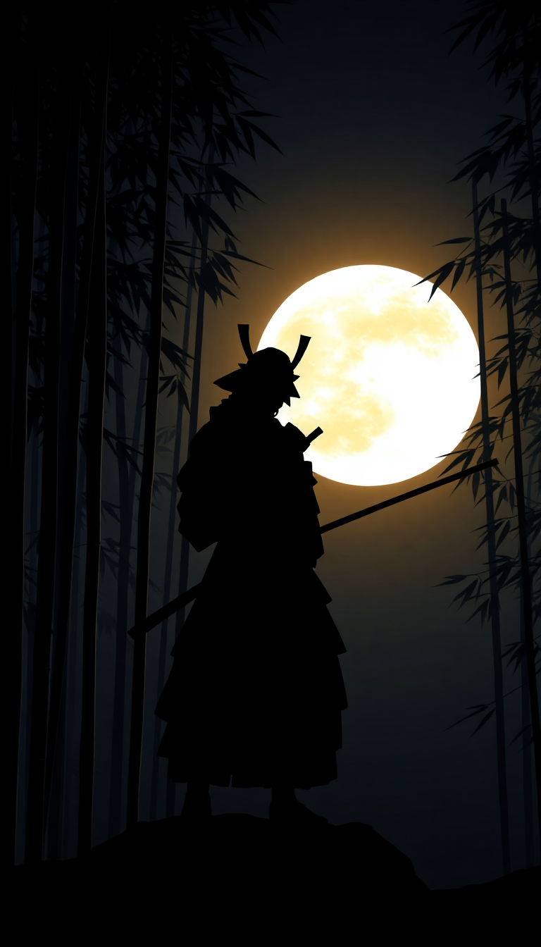 Samurai Silhouette Moonlit Bamboo Forest Digital art Wallpaper