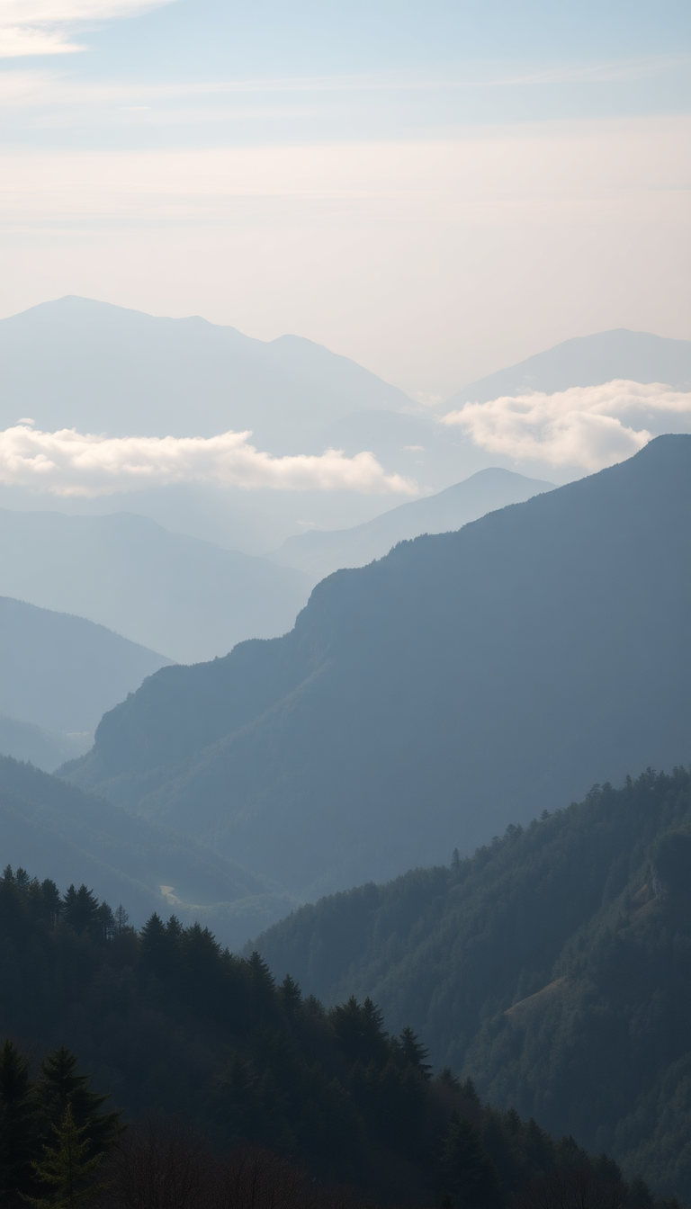 Fog Rolling Over Mountains Valley Photorealistic Wallpaper