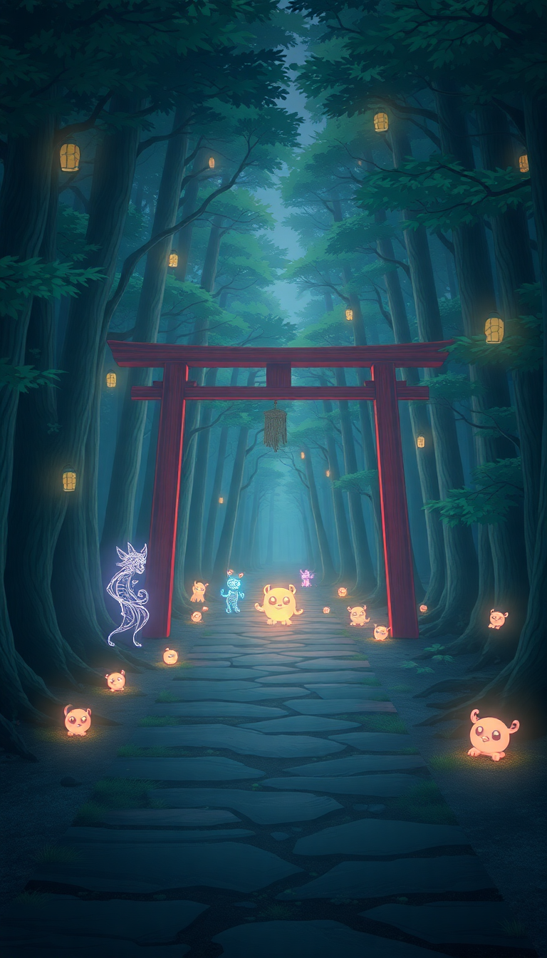 Spirit Forest Glowing Creatures Torii Anime Wallpaper