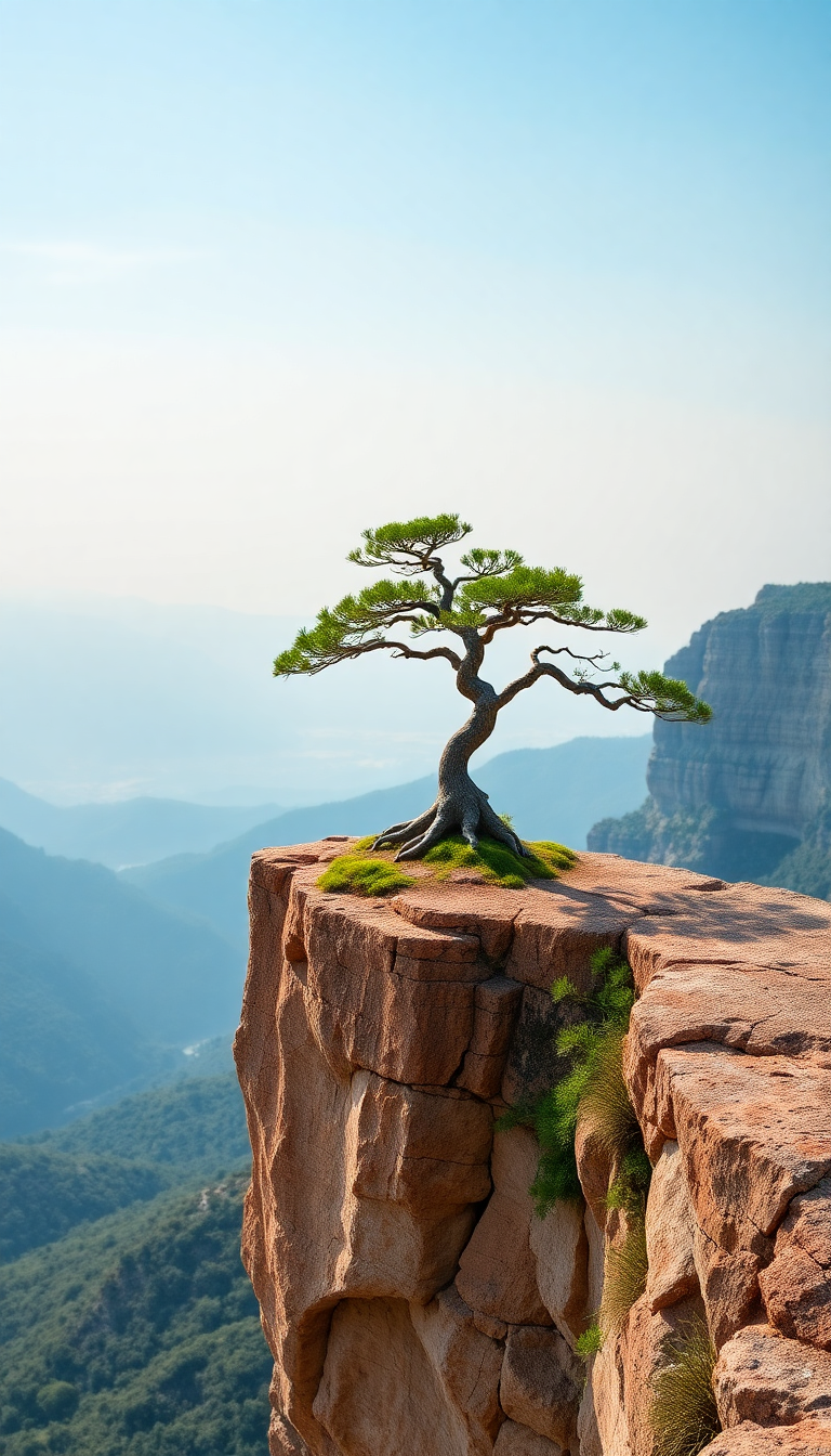 Bonsai Tree On Cliff Edge Minimalist Wallpaper