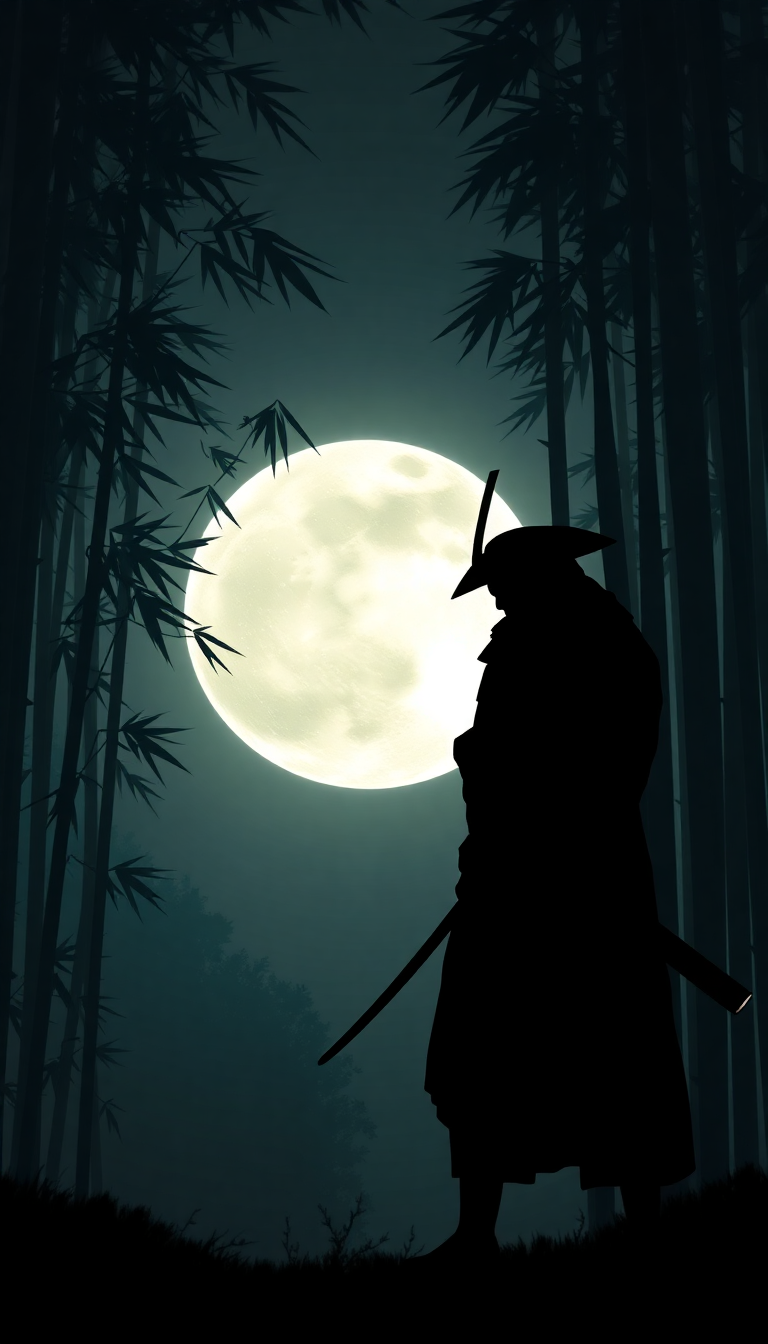 Samurai Silhouette Moonlit Bamboo Forest Digital art Wallpaper