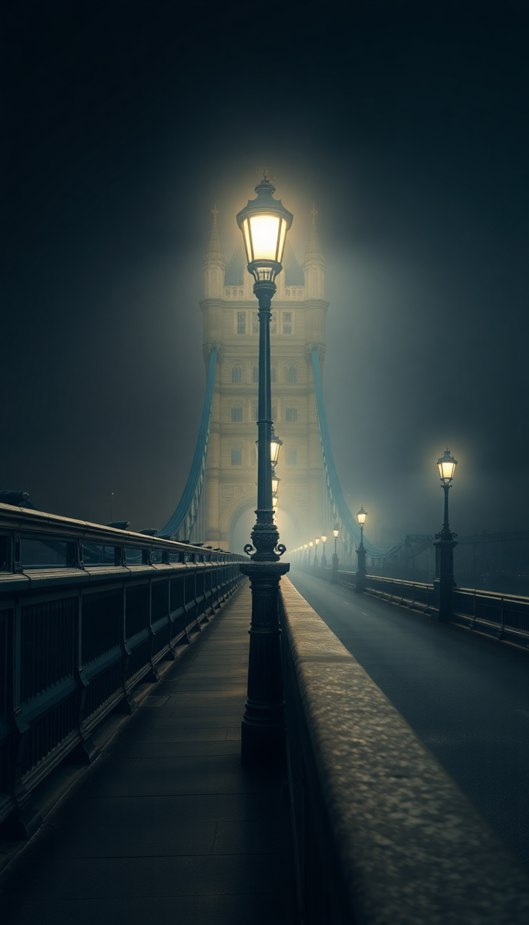 Foggy London Bridge Vintage Lampposts Photorealistic Wallpaper