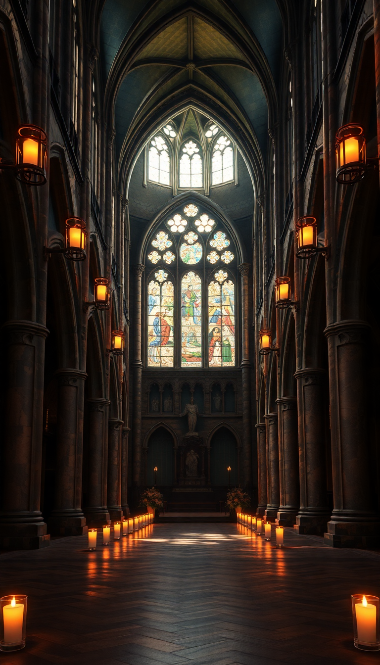 Gothic Cathedral Interior Candlelight Shadows Photorealistic Wallpaper