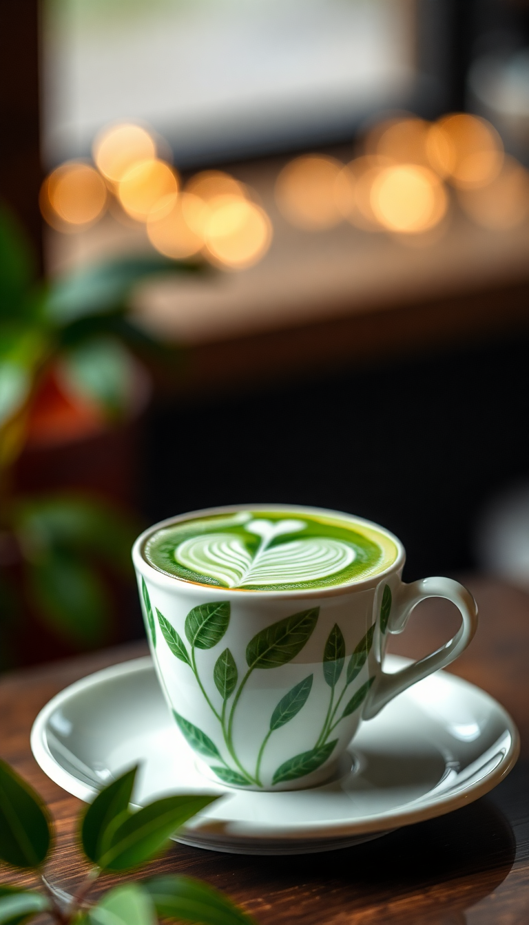 Matcha Latte Art Leaf Pattern Photorealistic Wallpaper