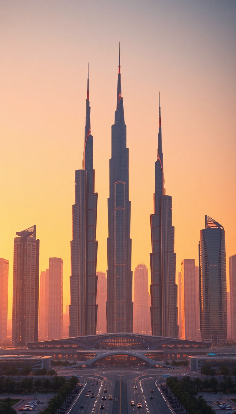 Dubai Skyline Futuristic Towers Sunset Photorealistic Wallpaper