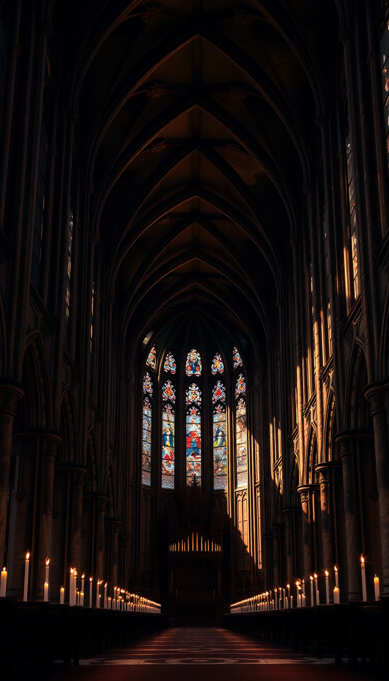 Gothic Cathedral Interior Candlelight Shadows Photorealistic Wallpaper