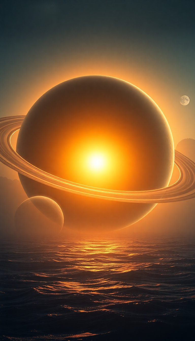 Massive Ringed Planet Rising Over Photorealistic Wallpaper