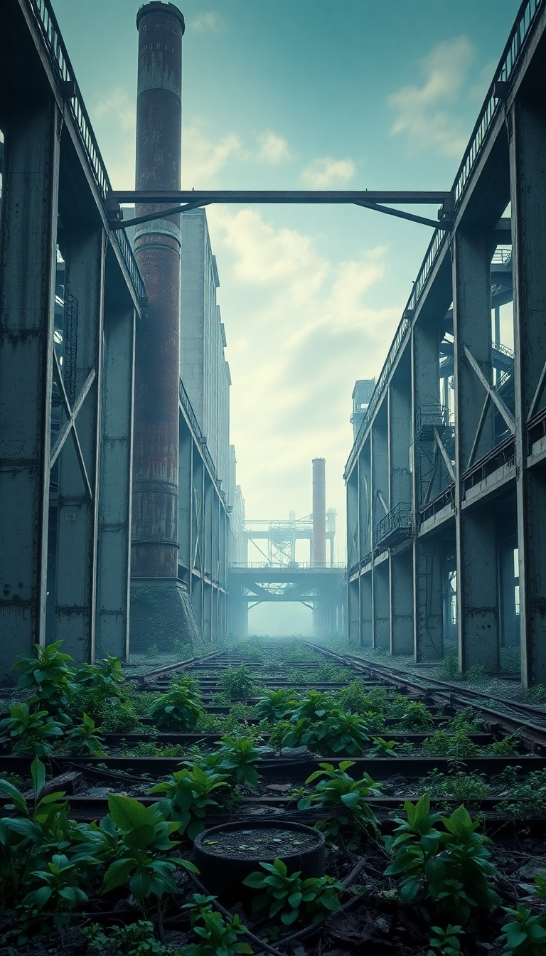 Abandoned Factory Nature Reclaiming Industrial Photorealistic Wallpaper