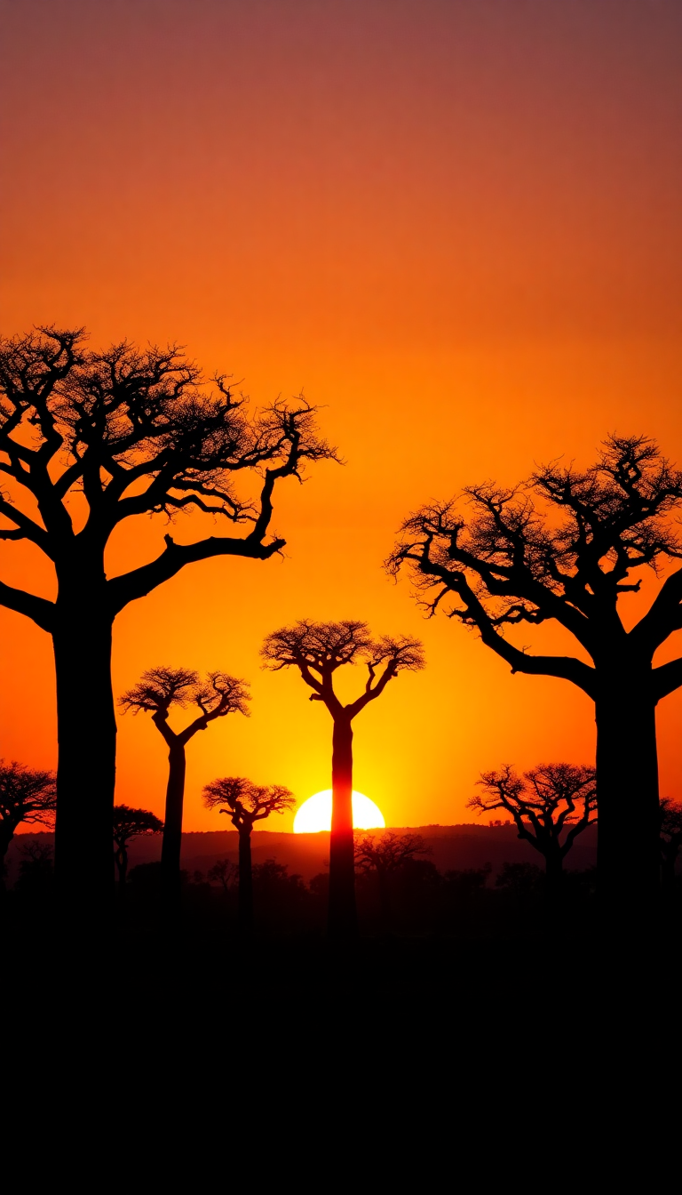 Baobab Trees Silhouette African Sunset Photorealistic Wallpaper