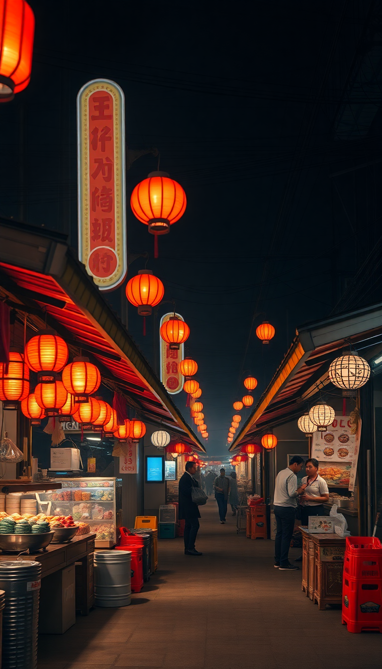 Night Market Street Food Stalls Photorealistic Wallpaper