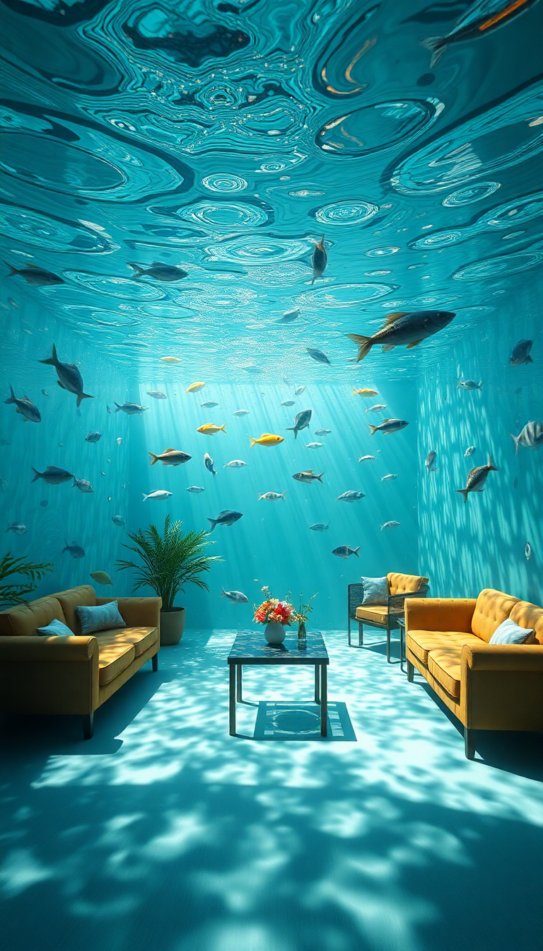Room Underwater Furniture Floating Fish Digital art Wallpaper