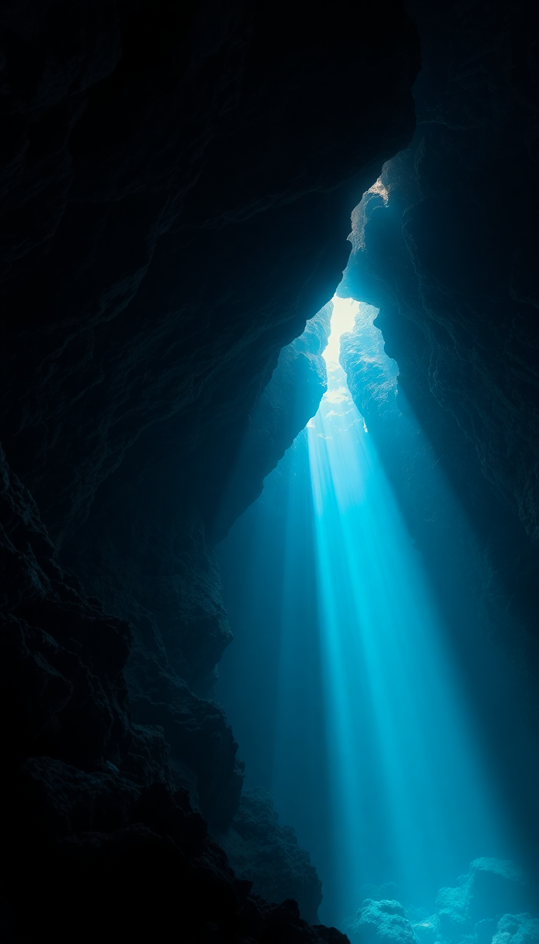 Underwater Cave Entrance Light Streaming Photorealistic Wallpaper