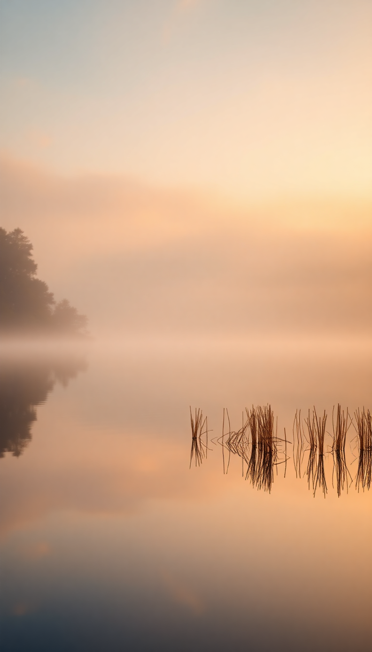 Morning Mist Over Still Lake Photorealistic Wallpaper