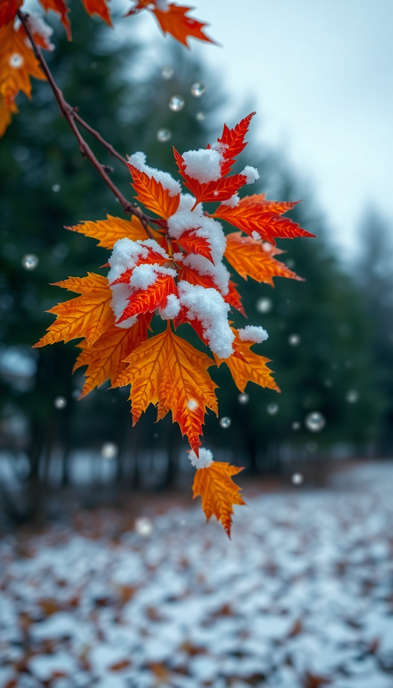 First Snow Falling On Autumn Photorealistic Wallpaper