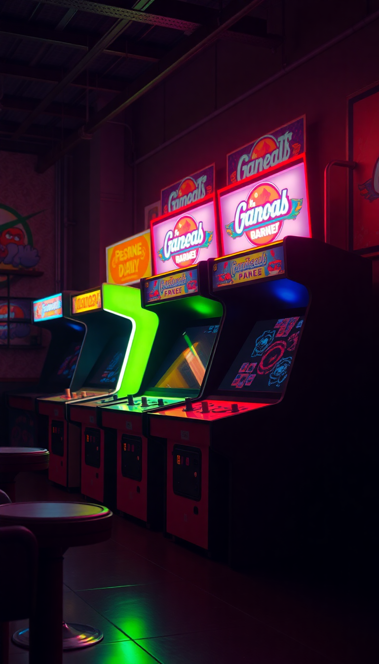 Old Arcade Machines Dark Room Photorealistic Wallpaper