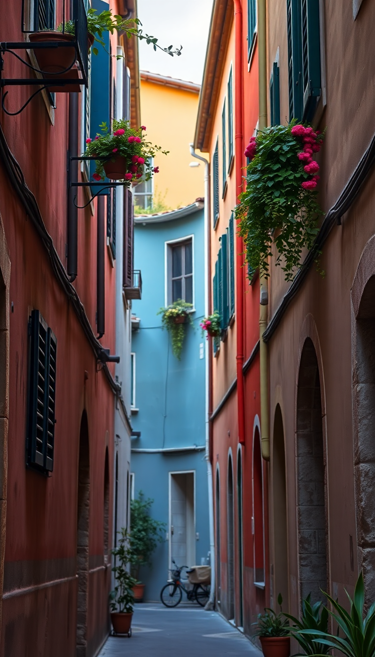 Narrow Italian Alley Colorful Buildings Photorealistic Wallpaper