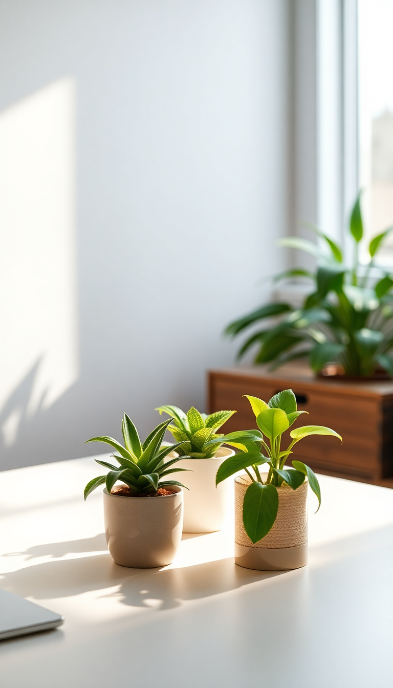Minimalist Desk Setup Plants Morning Photorealistic Wallpaper