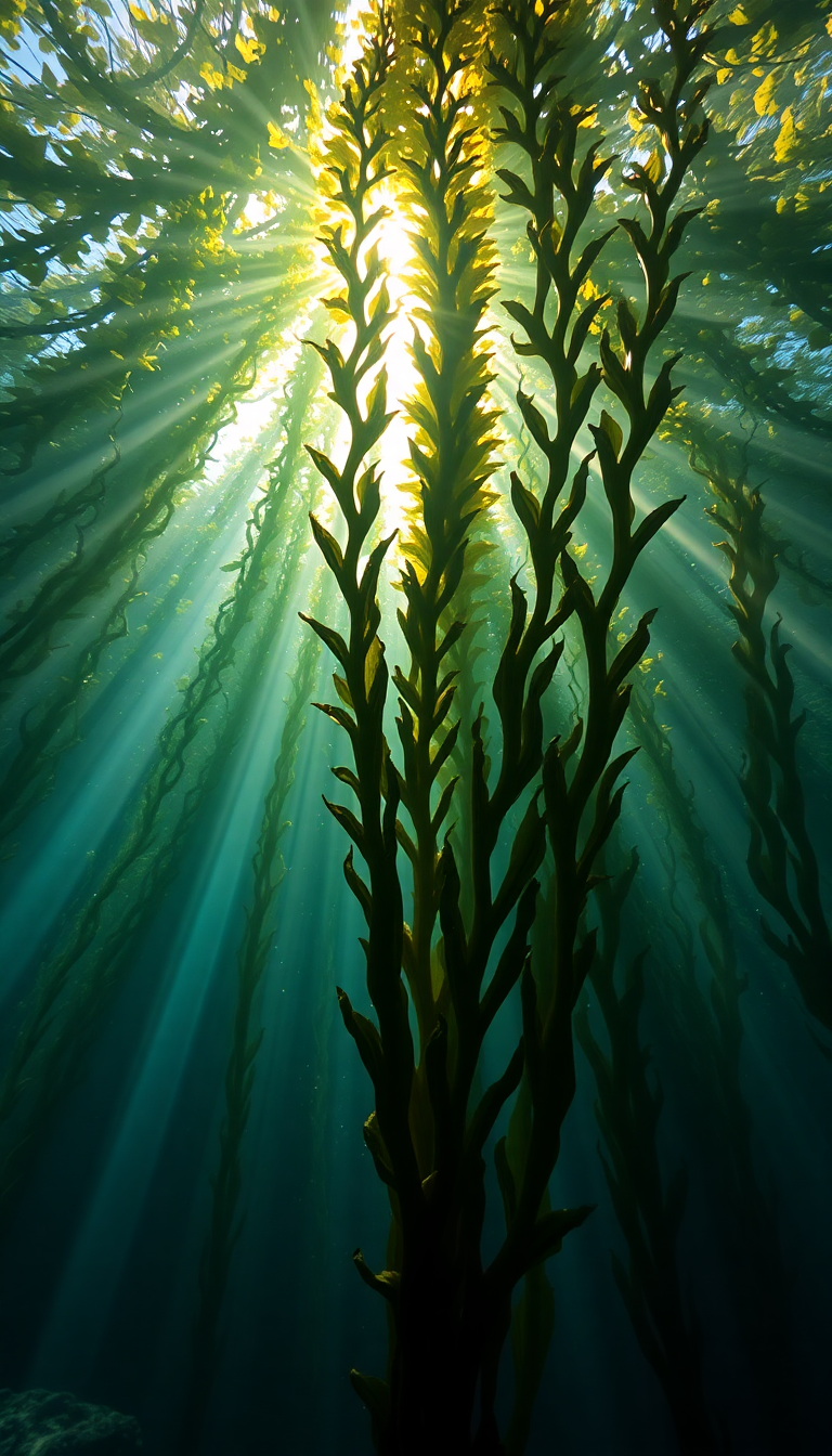 Underwater Kelp Forest Sun Rays Photorealistic Wallpaper