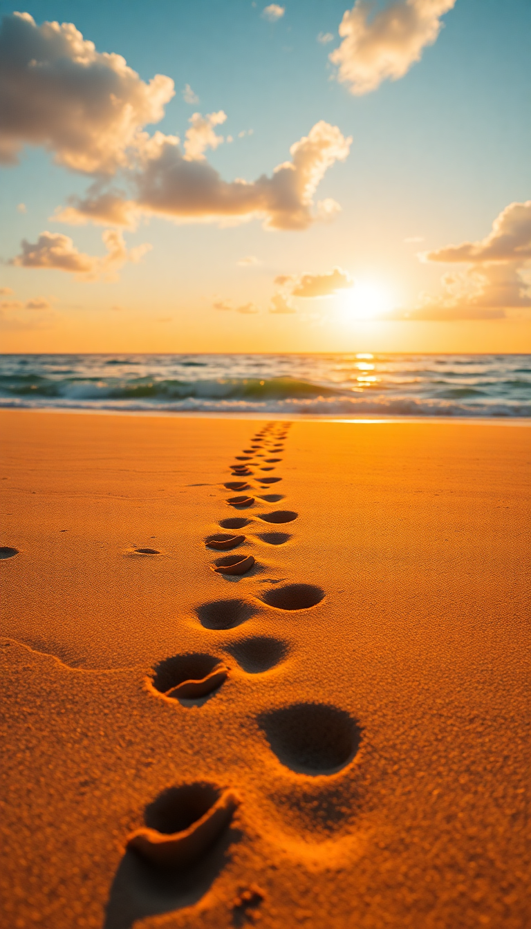 Summer Beach Golden Hour Footprints Photorealistic Wallpaper