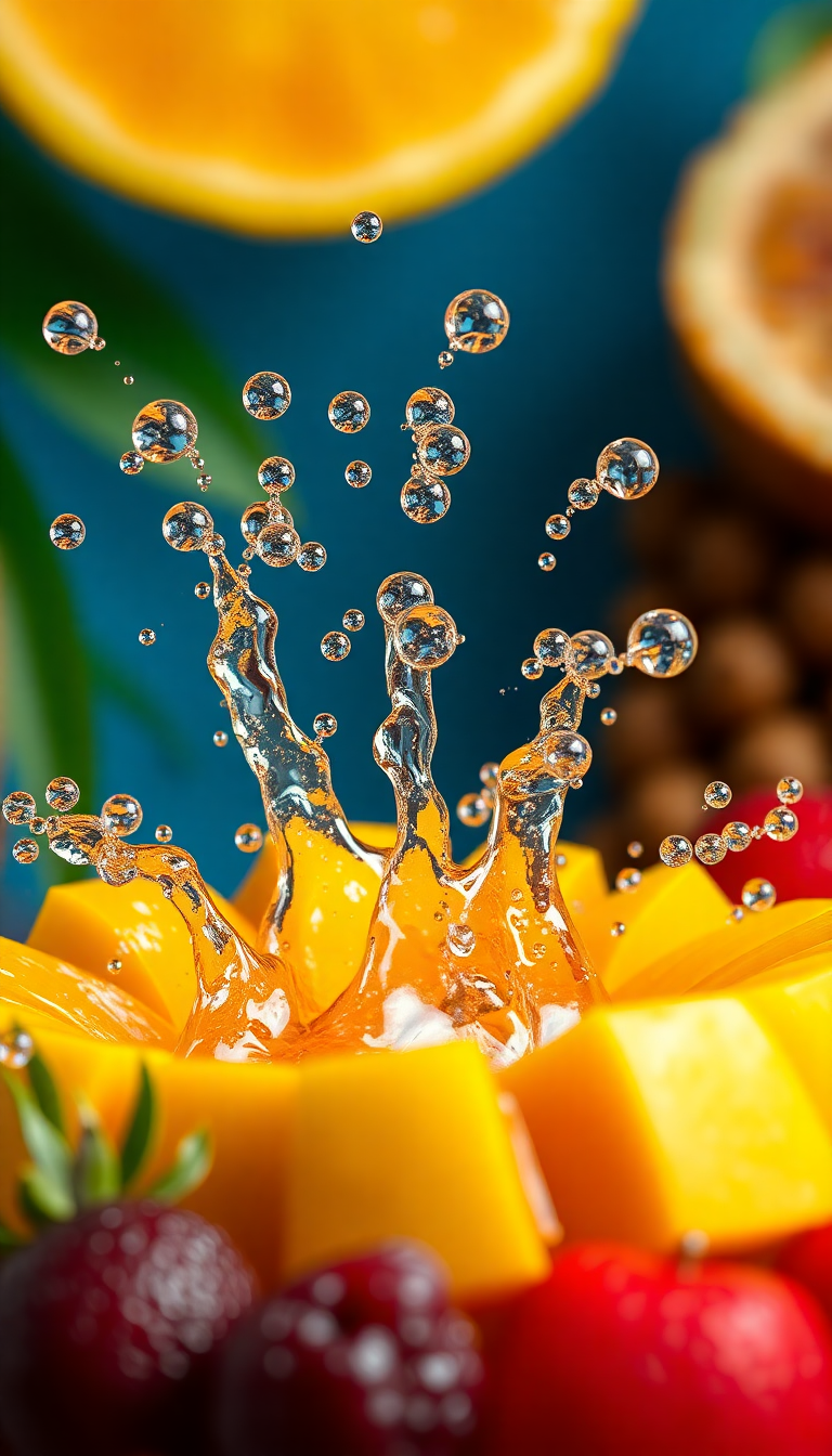 Tropical Fruit Splash Water Droplets Photorealistic Wallpaper