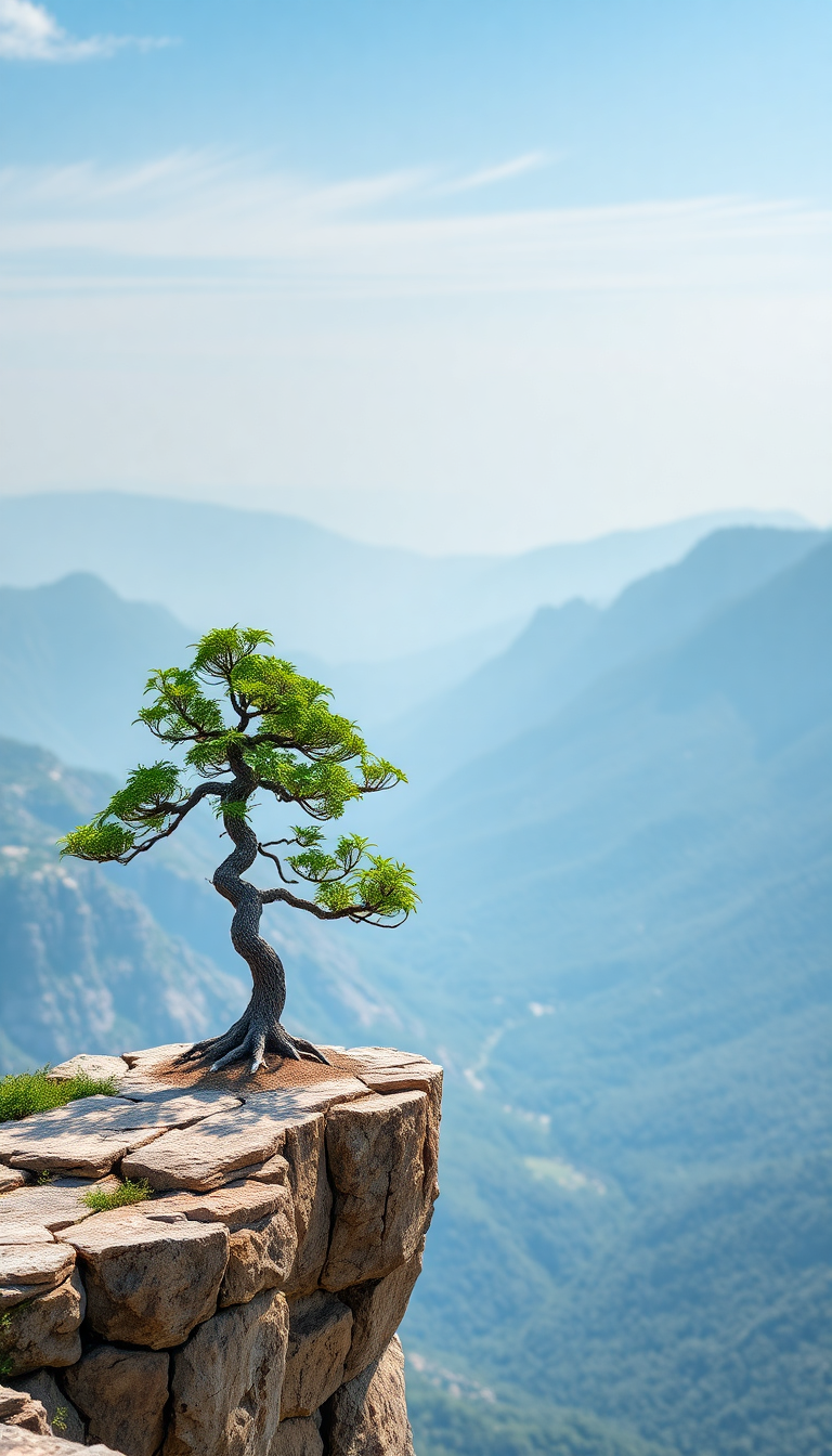 Bonsai Tree On Cliff Edge Minimalist Wallpaper