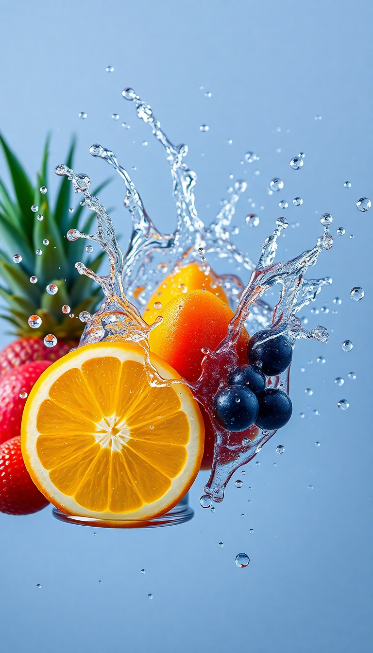 Tropical Fruit Splash Water Droplets Photorealistic Wallpaper