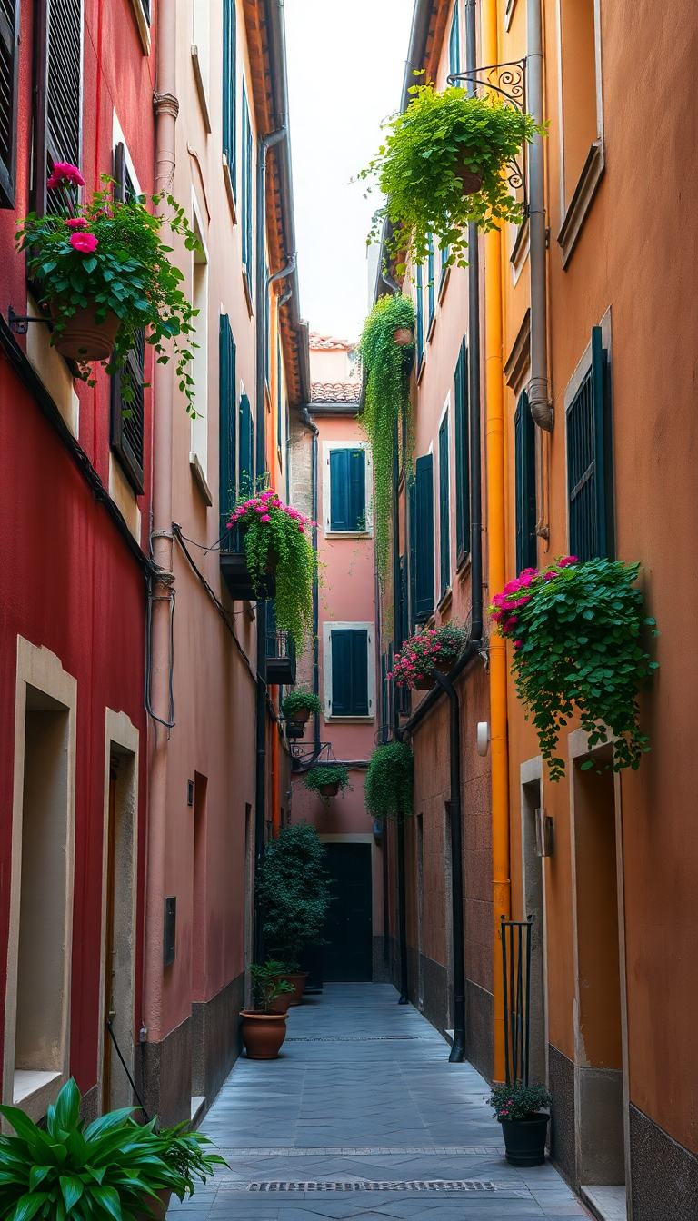 Narrow Italian Alley Colorful Buildings Photorealistic Wallpaper