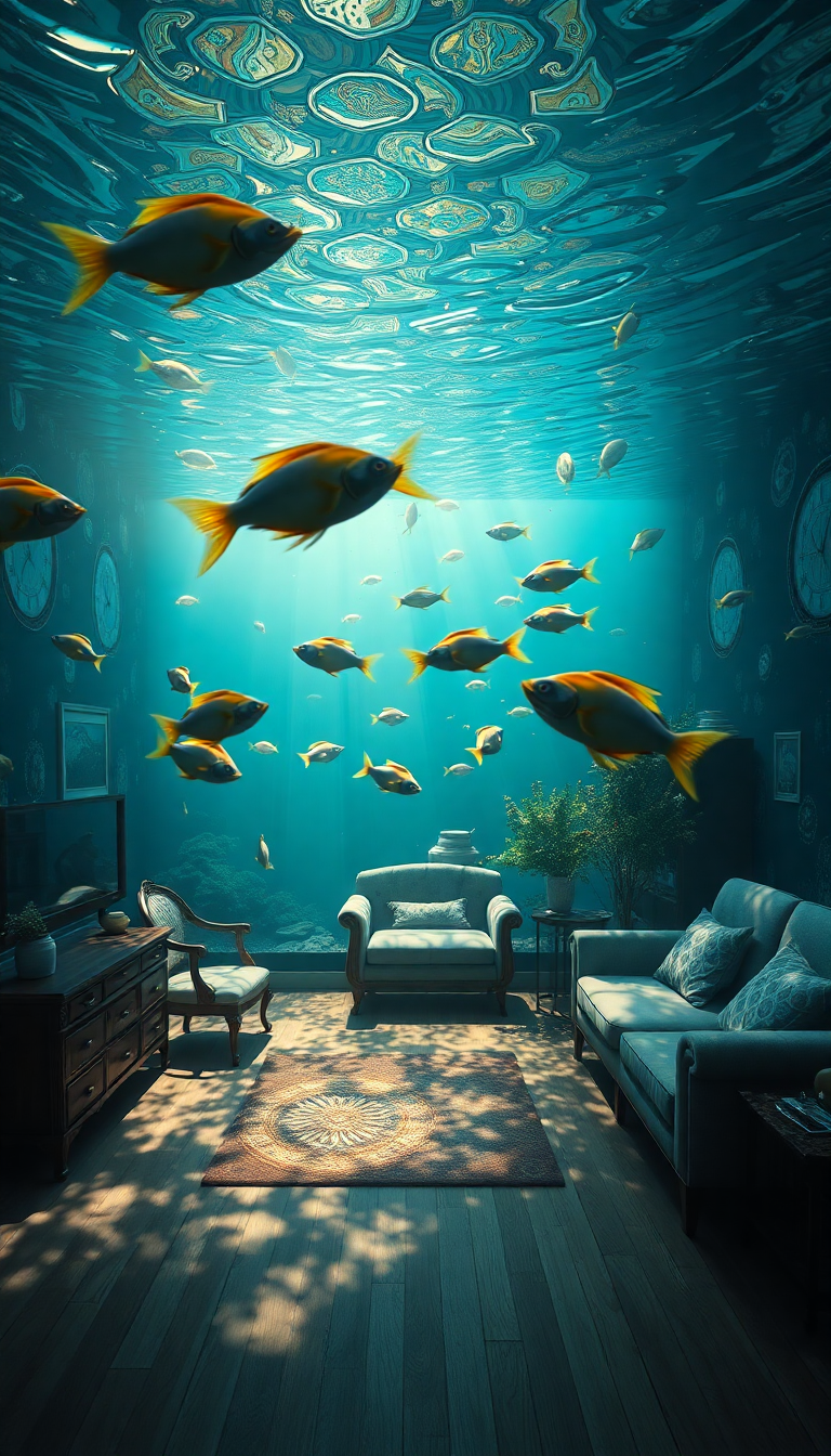 Room Underwater Furniture Floating Fish Digital art Wallpaper
