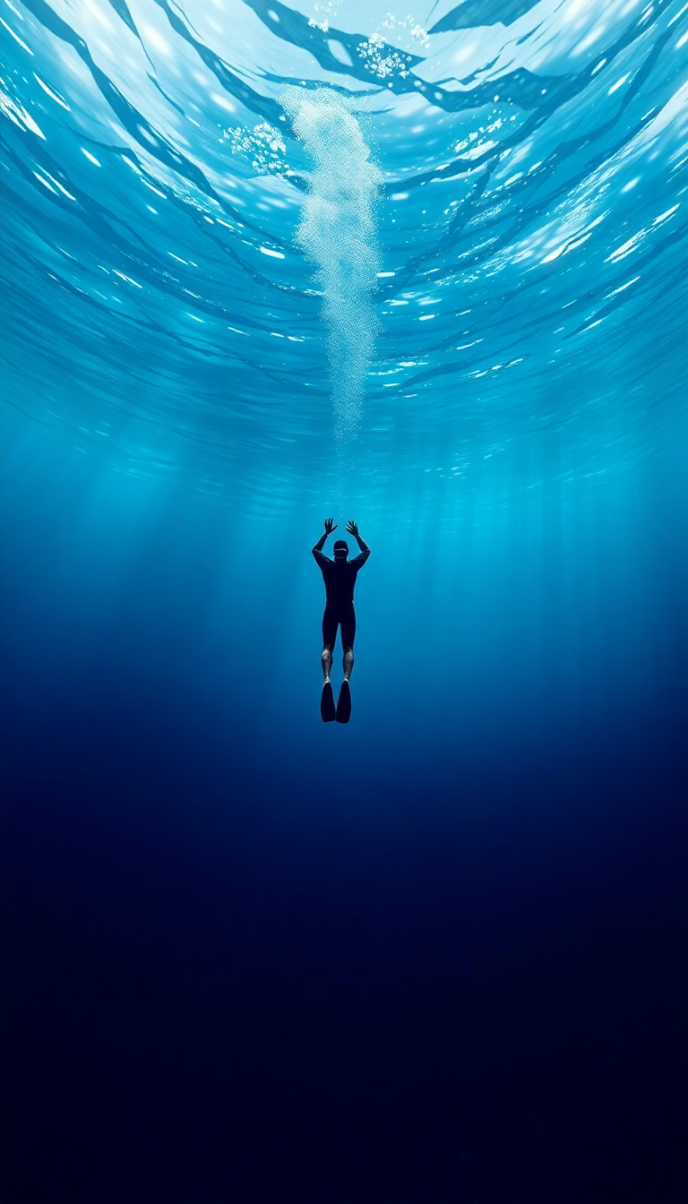 Freediver Descending Into Deep Blue Photorealistic Wallpaper