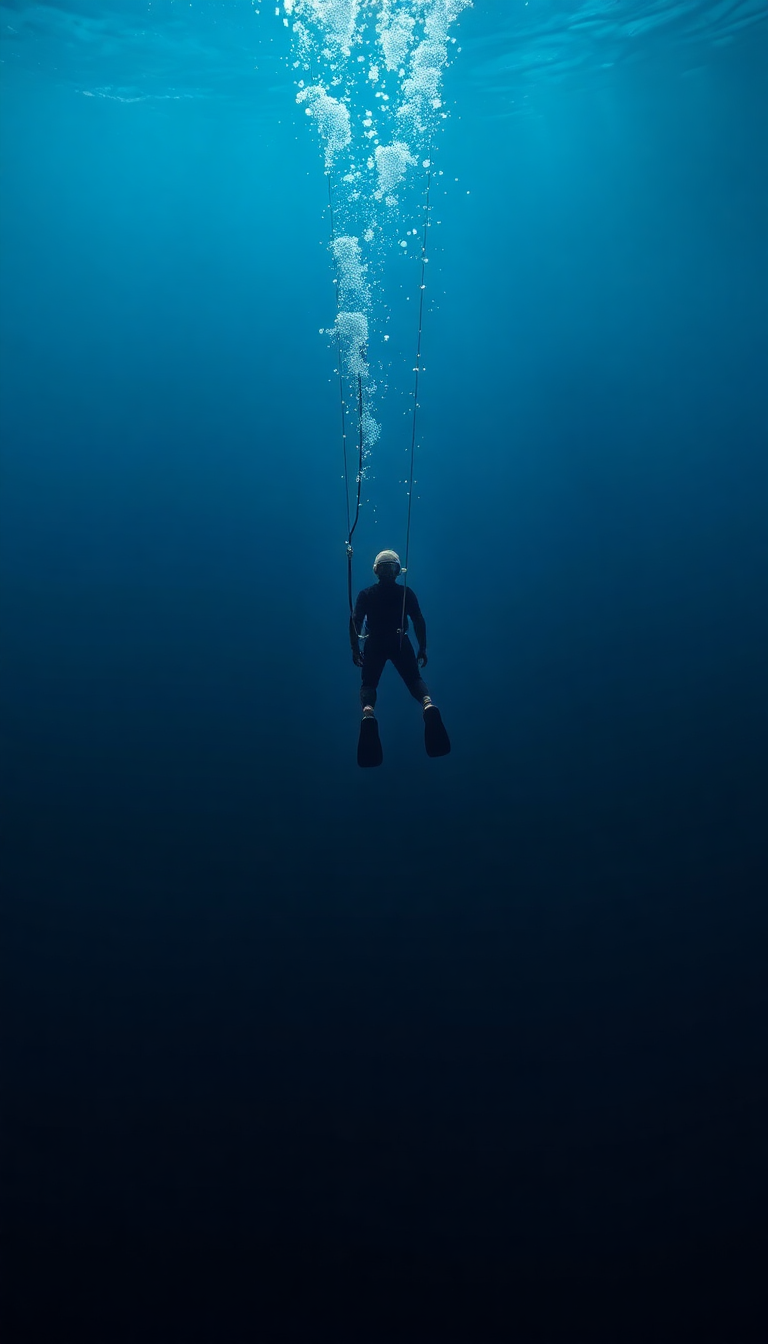 Freediver Descending Into Deep Blue Photorealistic Wallpaper