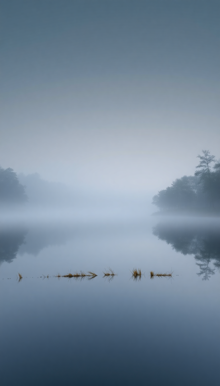 Morning Mist Over Still Lake Photorealistic Wallpaper