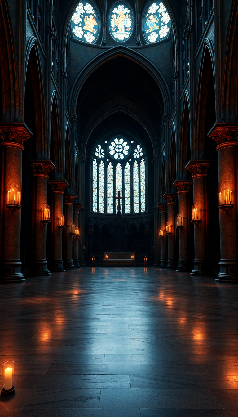 Gothic Cathedral Interior Candlelight Shadows Photorealistic Wallpaper