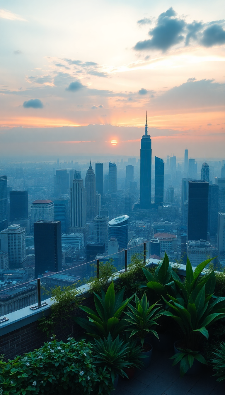 Rooftop Garden Oasis Above City Photorealistic Wallpaper