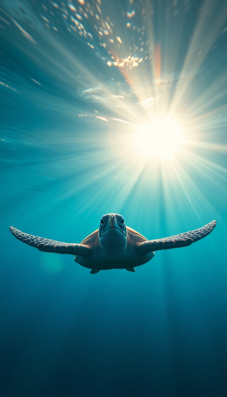 Sea Turtle Swimming Sunbeams Underwater Photorealistic Wallpaper