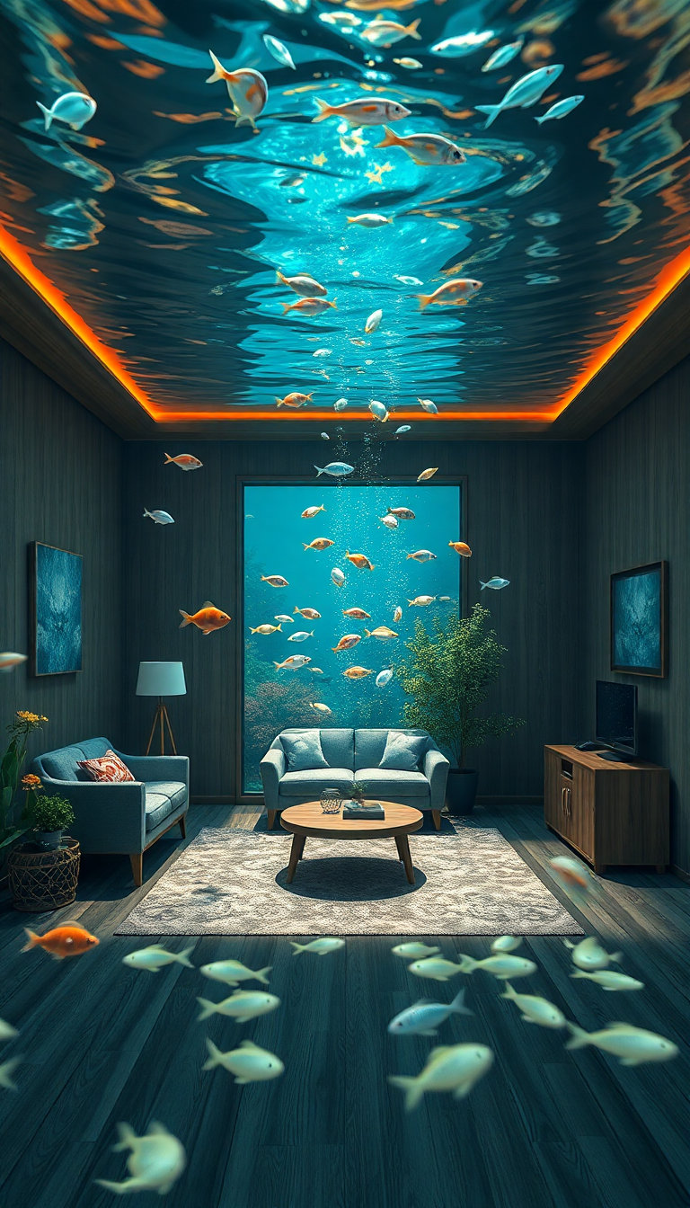 Room Underwater Furniture Floating Fish Digital art Wallpaper