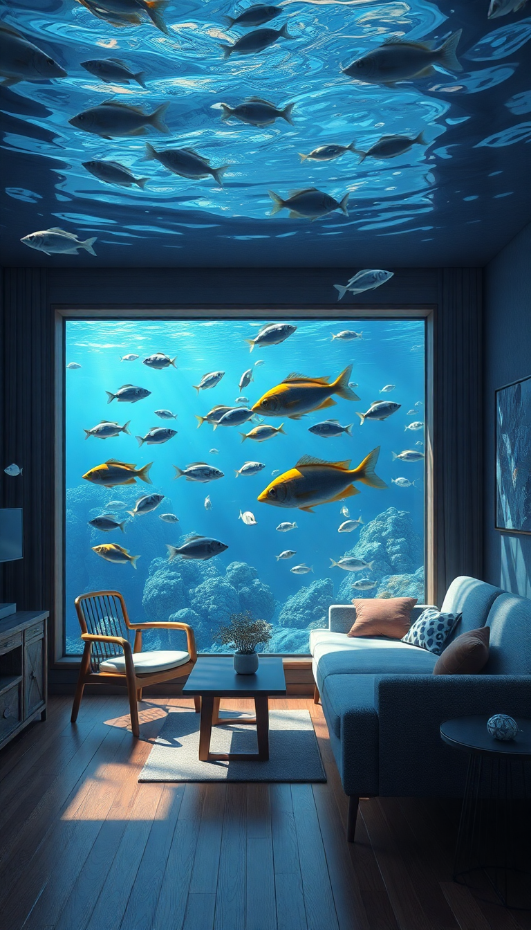Room Underwater Furniture Floating Fish Digital art Wallpaper