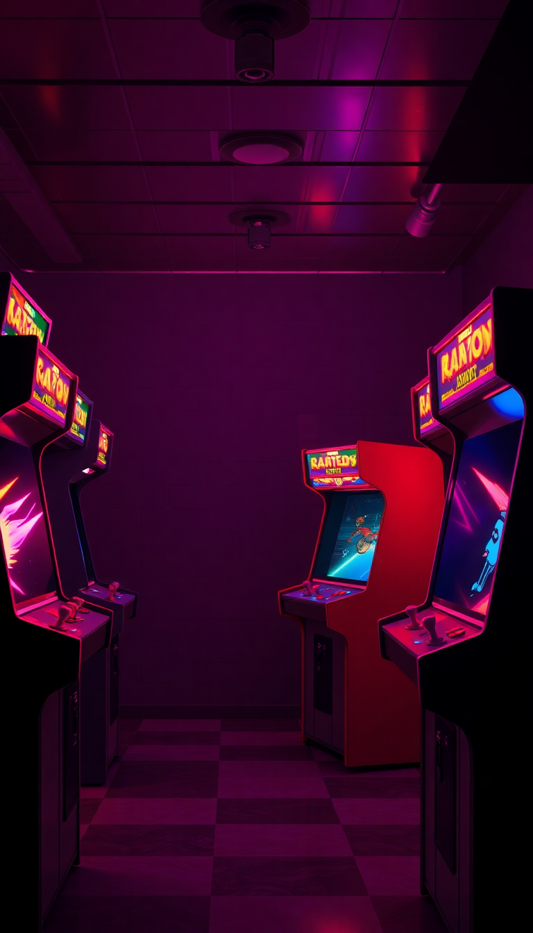 Old Arcade Machines Dark Room Photorealistic Wallpaper