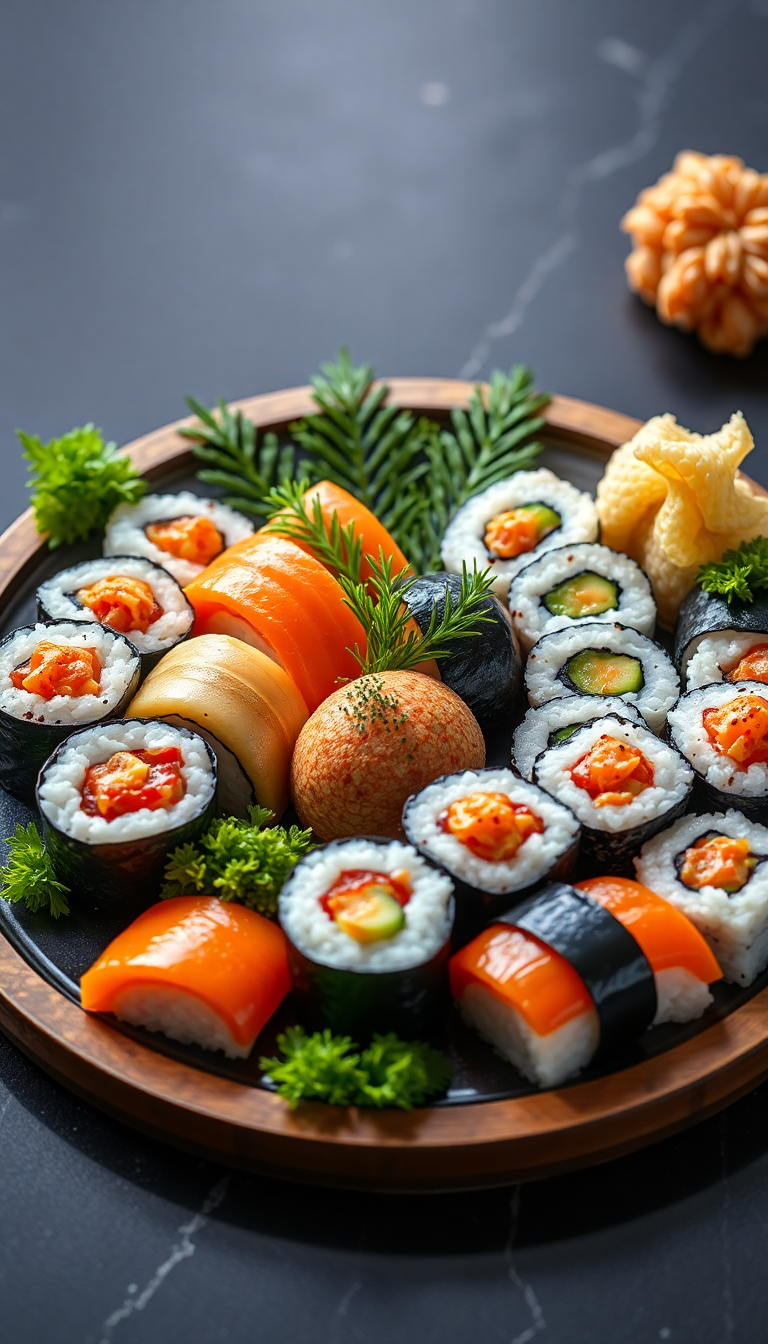 Fresh Sushi Arrangement Artistic Plating Photorealistic Wallpaper