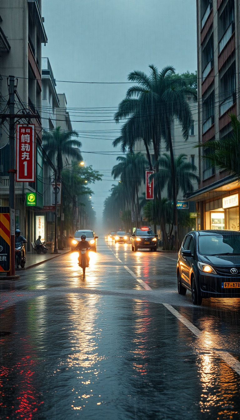 Monsoon Rain Heavy Downpour Street Photorealistic Wallpaper
