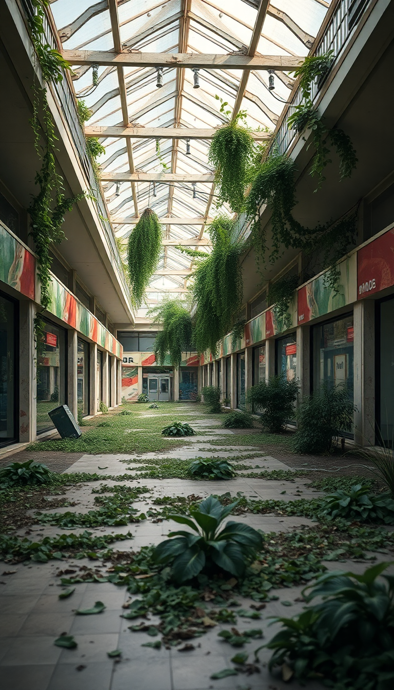 Abandoned Shopping Mall Nature Reclaiming Photorealistic Wallpaper