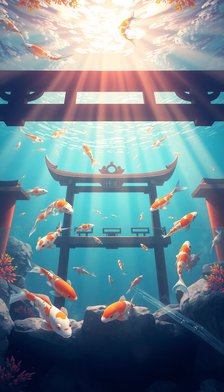 Underwater Shrine Koi Fish Swimming Anime Wallpaper