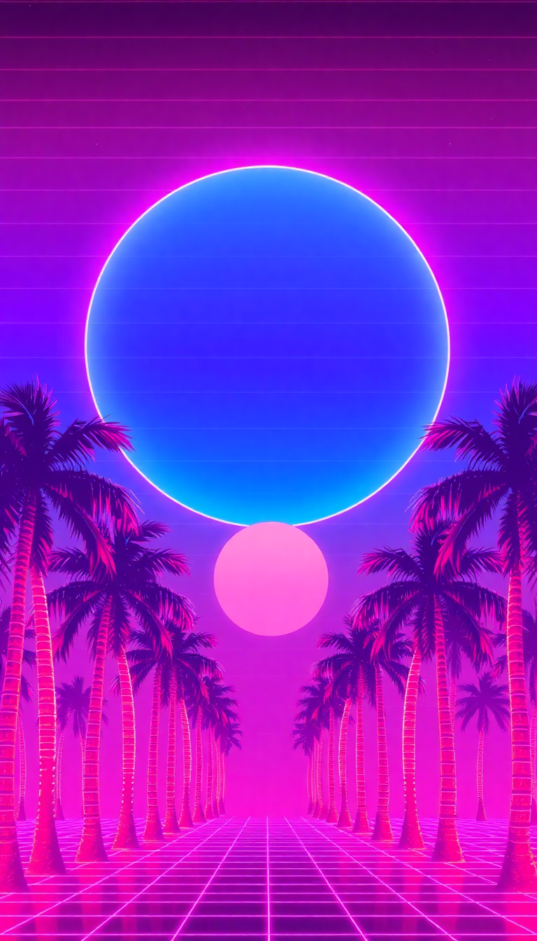 80s Synthwave Grid Sunset Palm Digital art Wallpaper