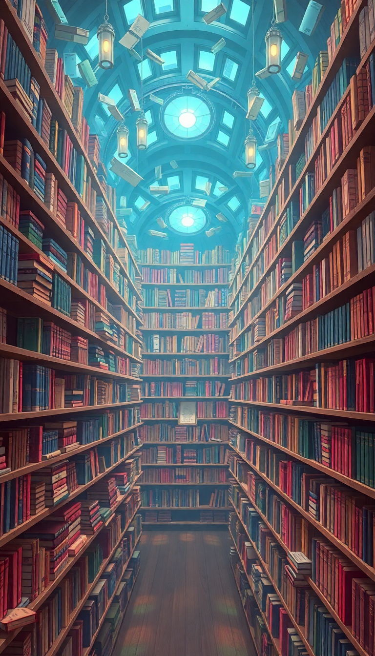 Magical Library Infinite Bookshelves Floating Anime Wallpaper