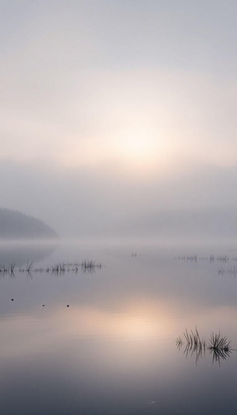 Morning Mist Over Still Lake Photorealistic Wallpaper