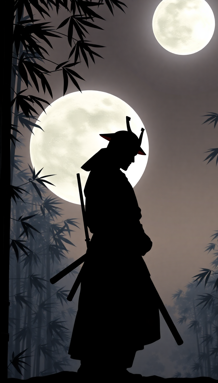 Samurai Silhouette Moonlit Bamboo Forest Digital art Wallpaper