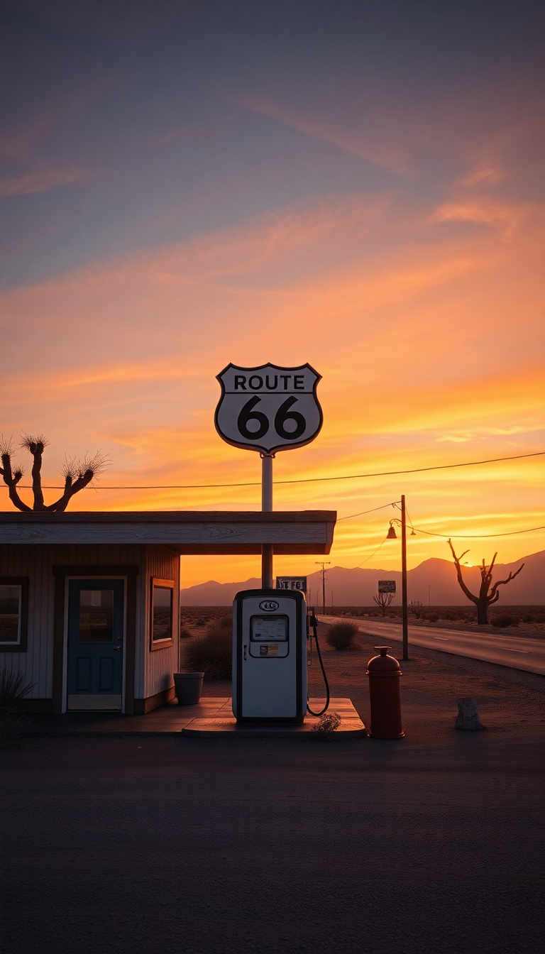 Old Gas Station Desert Route Photorealistic Wallpaper